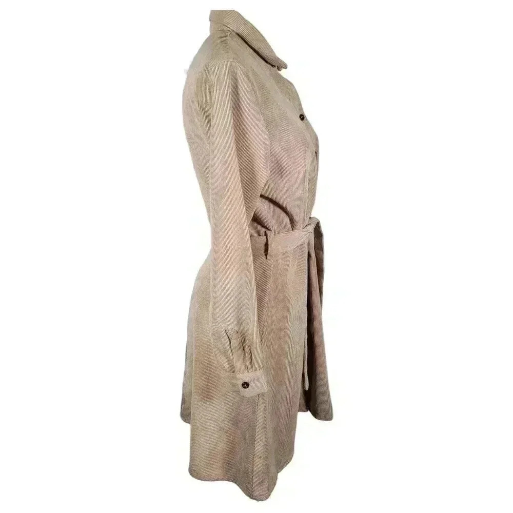 Love Crazy Corduroy Button Down Belted Long Sleeve Dress Tan Size M Winter Fall - Picture 3 of 11